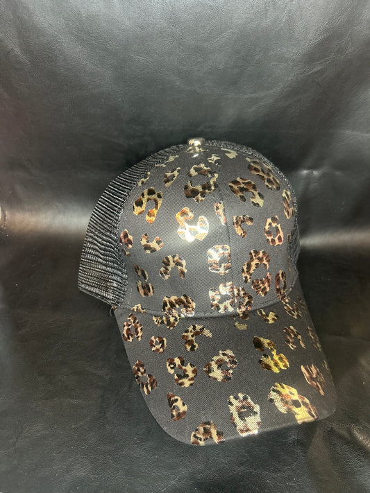 Black Leopard Polytail Hat